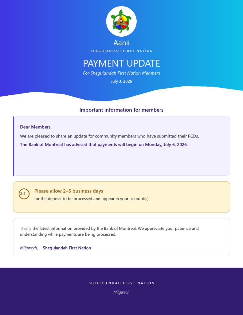 Sheguiandah First Nation Payment Update poster: Bank of Montreal payments begin Monday, July 6, 2026, allow 2-5 business days to process.