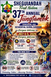 Poster for the 37th Annual Jiingtamok, Sheguiandah First Nation Pow Wow, July 4 and 5, 2026, honouring Residential School Survivors