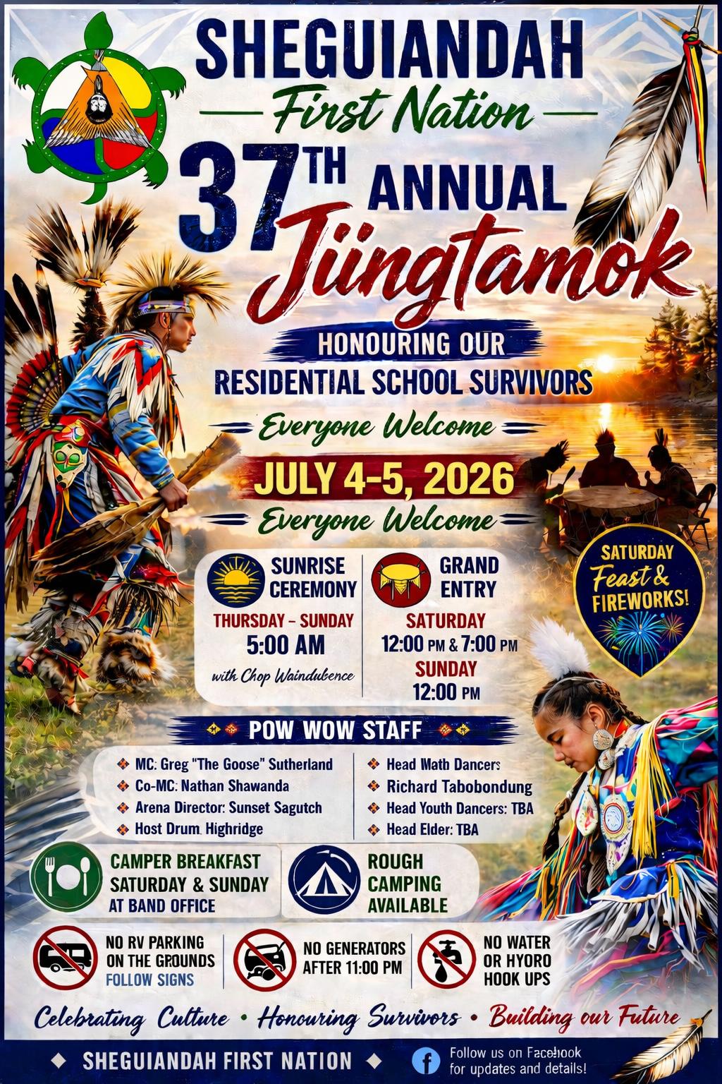 Poster for the 37th Annual Jiingtamok, Sheguiandah First Nation Pow Wow, July 4 and 5, 2026, honouring Residential School Survivors